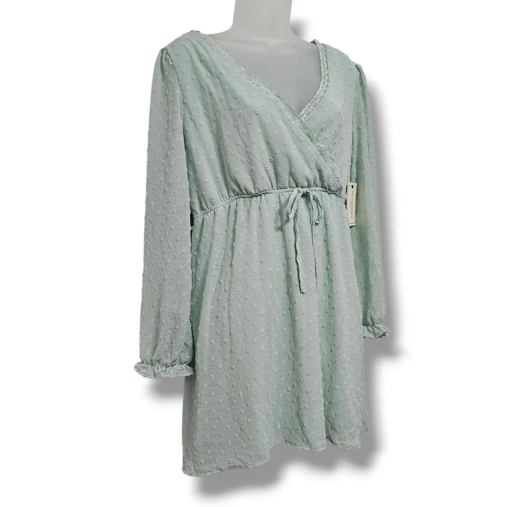 Sage Green Faux Wrap Mini‎ Dress L Swiss Dot Ruffle Fairy Softgirl Cottage NEW